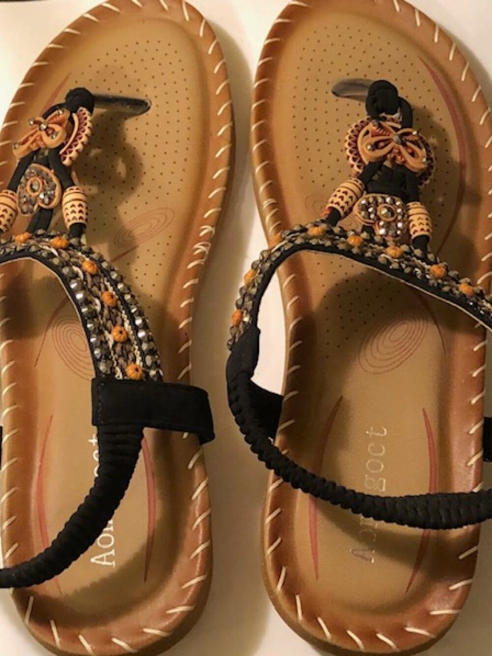Aonigoct Boho Beaded Thong Sandals Black Elastic Slingback